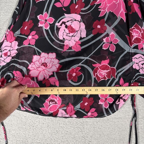 Rampage Blouse Women’s Size M Sheer Pink Red Rose AOP Tie Flutter Sleeve Kaftan - Picture 11 of 15